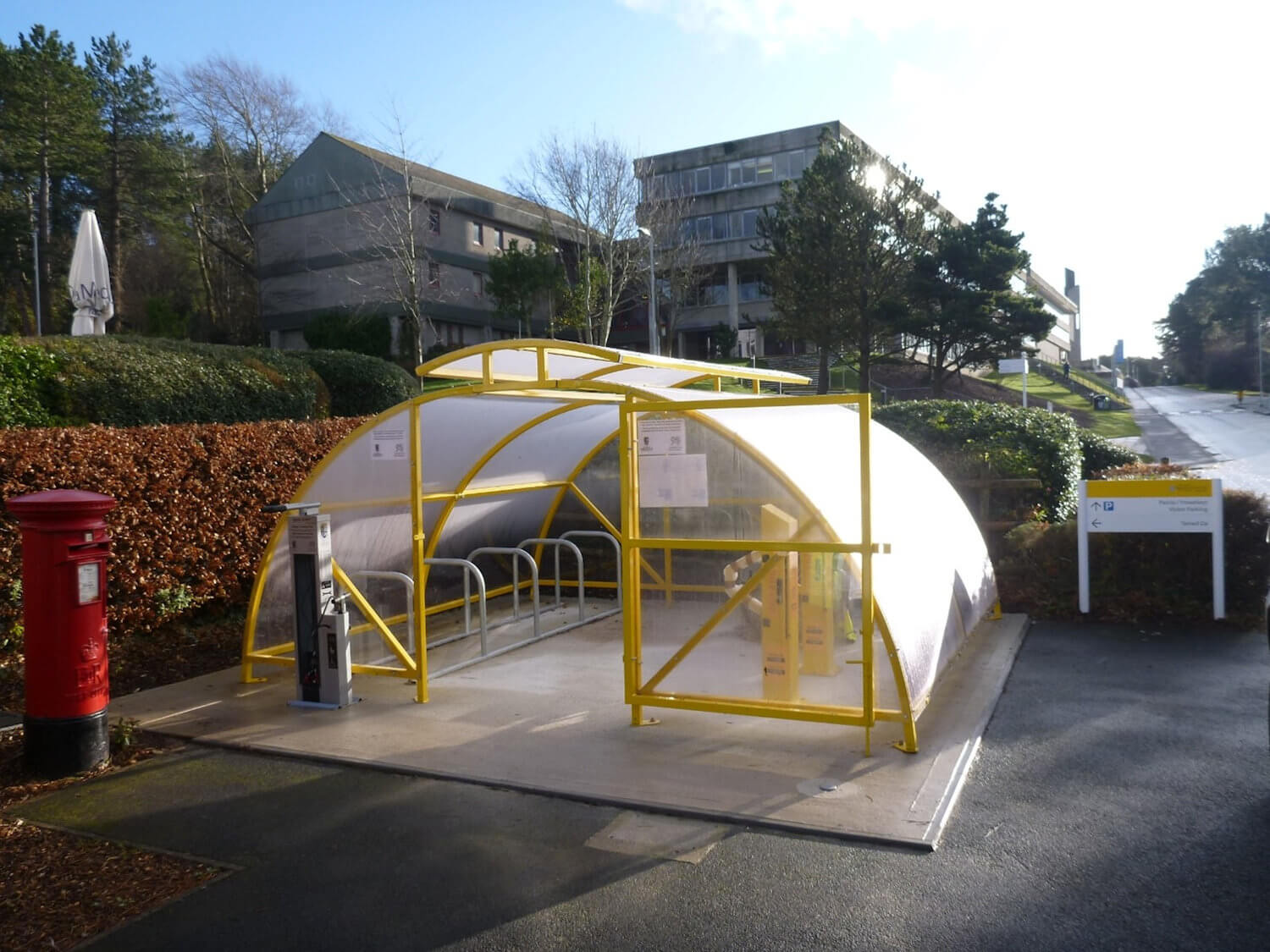 New cycle compound with E-bike Charging Stations and a Public Bike Repair Station with Tyre Pump at Penglais Campus Aberystwyth University